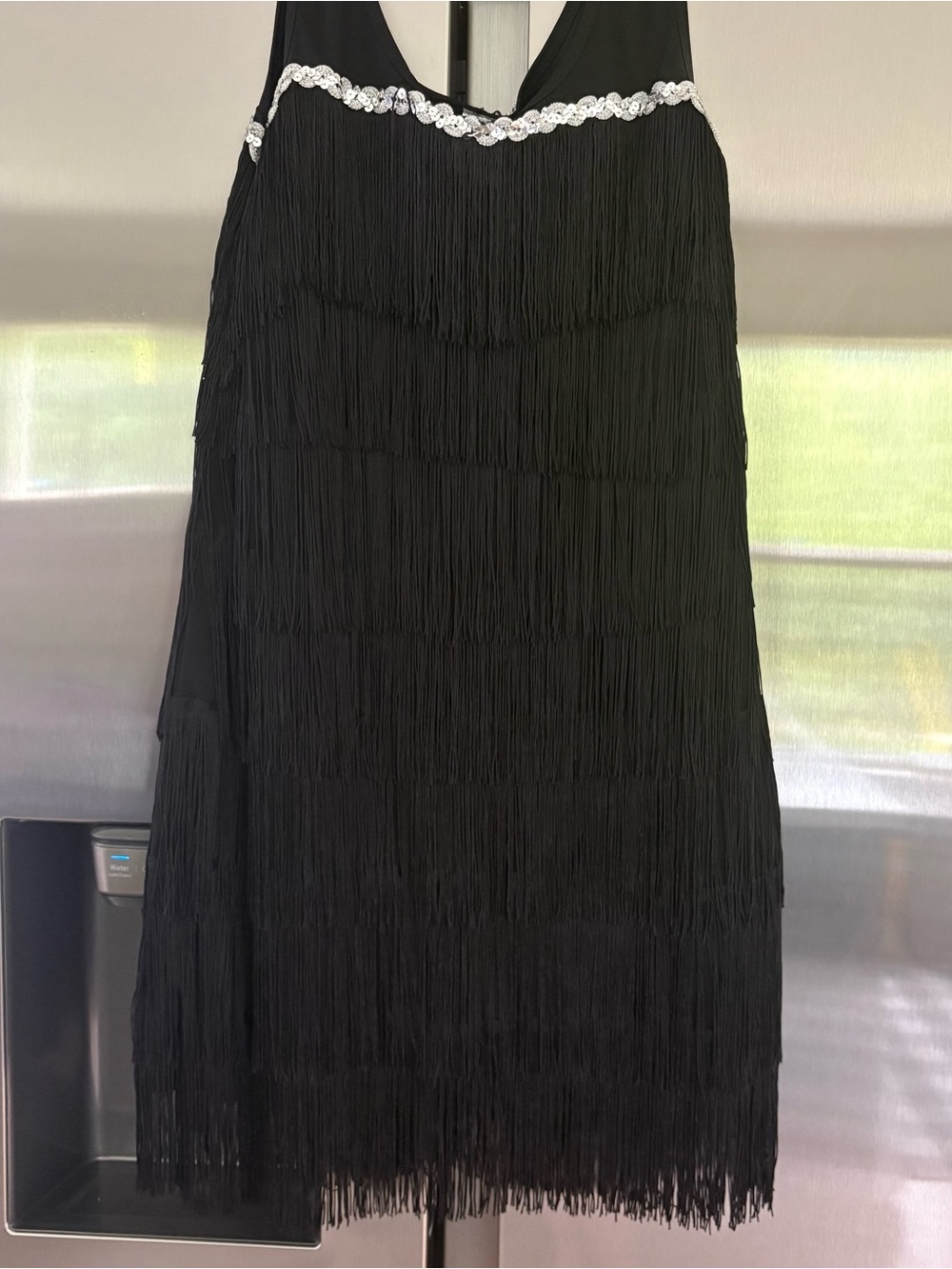 Black Fringe Women’s Dress with sequins trim SPIRIT BRAND fits size Medium